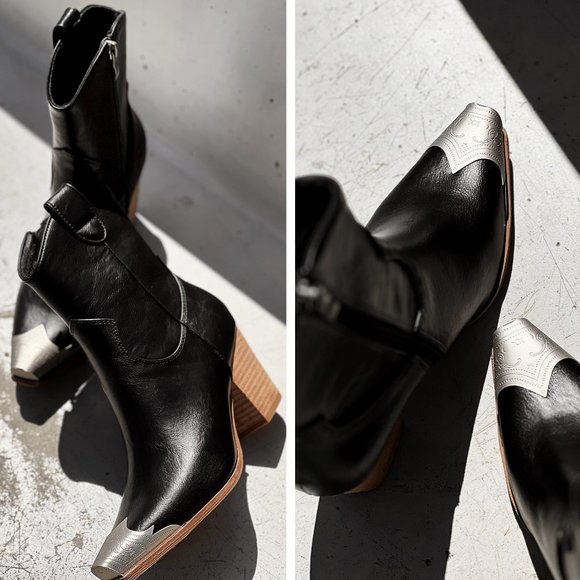 NEW Black PU Leather Metal Cap Toe Block Heel Cowgirl Cowboy Western Ankle Boots - Picture 13 of 14